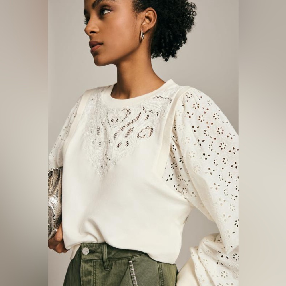 Anthropologie Pilcro Washed Eyelet Balloon Sleeve Sweatshirt